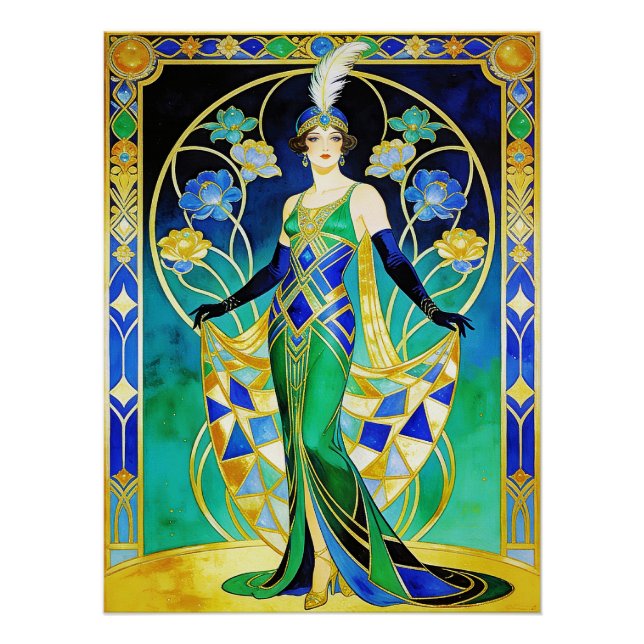 Pôster Glamorous Art Deco Siren in Blue and Green Poster. (Frente)