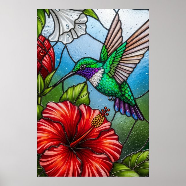 Poster Glass Patchwork Hummingbird Garden Floral Mosaic (Frente)