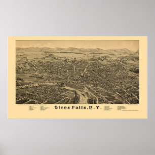 Poster Glens Falls, mapa panorâmico de NY - 1884