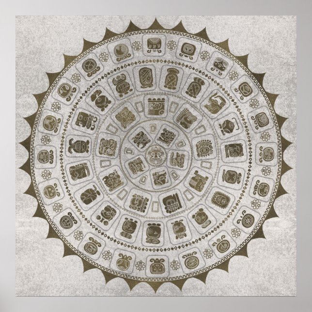 Poster Glifos do Calendário Maia textura dourada em pedra (Frente)