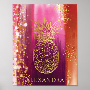 Poster Glitter Dourado de abacaxi rosa personalizado