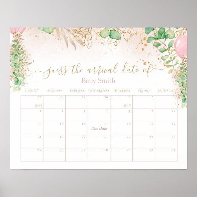 Poster Glitter Dourado Greenery Guess Data de Chegada do  (Frente)