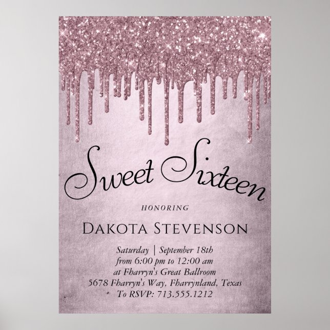 Poster Glitter Girly | Dusty Mauve Pink Sweet 16 (Frente)