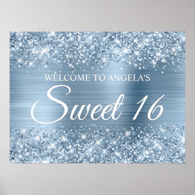 Poster Glittery Light Blue Foil Sweet 16 Welcome (Frente)