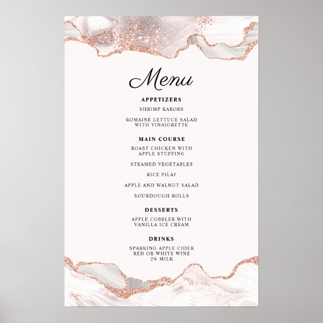 Poster Glittery Rose Gold Branco Ágata 2 Borda Menu A4 (Frente)