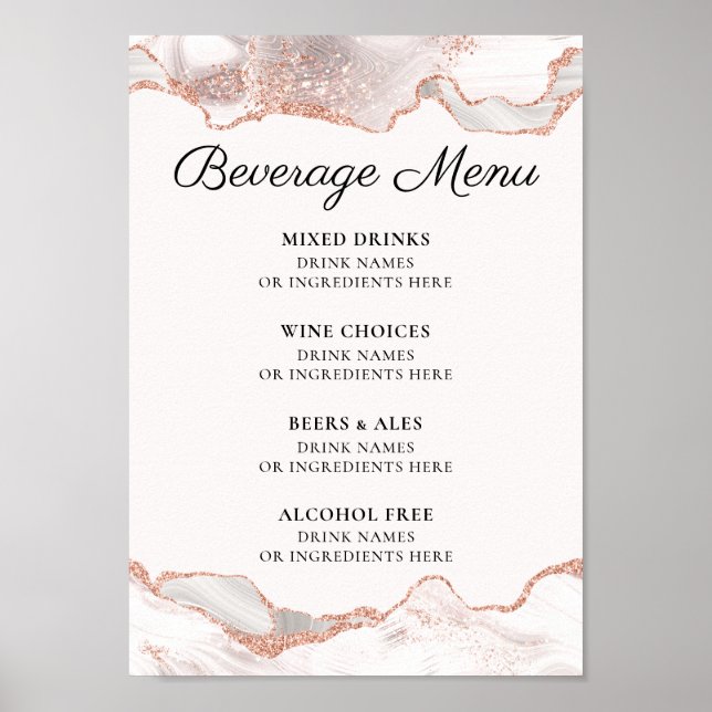 Poster Glittery Rose Gold Branco Agate Menu de Bebidas A4 (Frente)