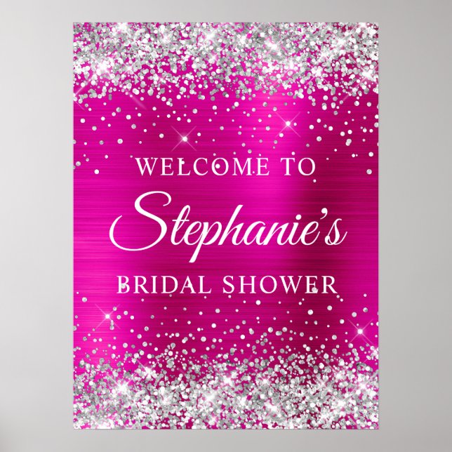 Poster Glittery Silver Hot Pink Foil Bridal Shower (Frente)