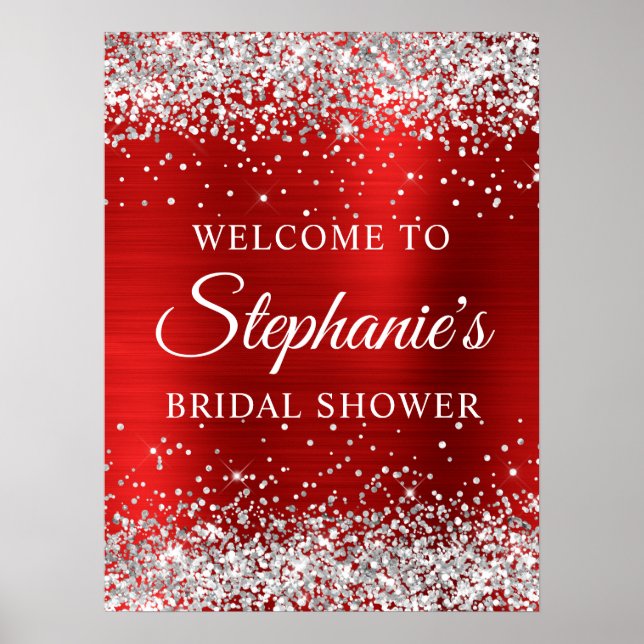 Poster Glittery Silver Red Foil Bridal Shower Welcome (Frente)