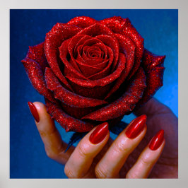 Poster Glitzernde Rote Rose mit Passenden Nägeln