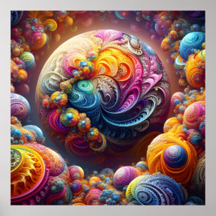 Poster Globo Fractal e Planetas Orbitantes de Coloração C