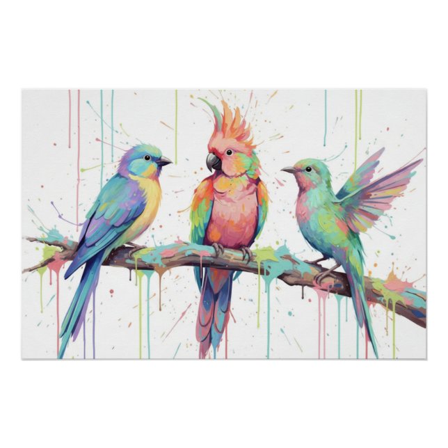 Pôster Glossy Poster of three pastel coloured birds (Frente)
