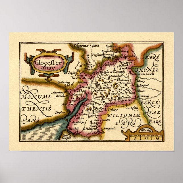 Pôster Gloucestershire County England Antigo Mapa Antiquá (Frente)
