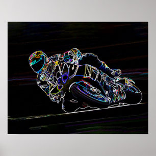 Pôster Glowing Motorcycle Rider Circle Racing Sketch