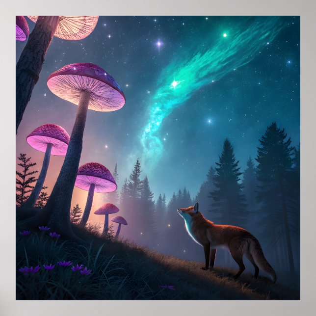 Poster Glowing Mushroom Forest Fox Fantasy Art (Frente)