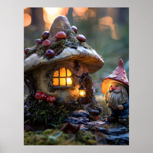 Poster Gnome e uma casa de cogumelos, design de fantasia