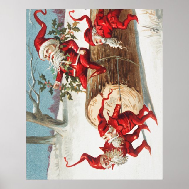 Poster Gnomes dragging a cut tree trunk through the snow (Frente)