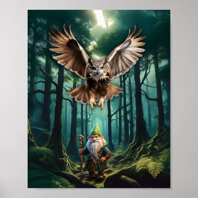 Poster Gnomo da Floresta com seu Guardião Coruja de Chifr (Frente)