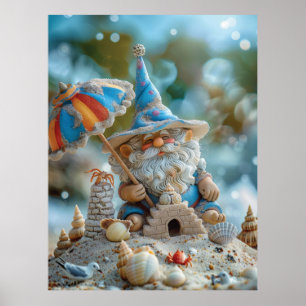 Poster Gnomo de praia bonito com um guarda-chuva