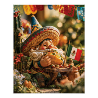 Pôster Gnomo Mexicano Usando Um Sombrero Comendo Um Taco