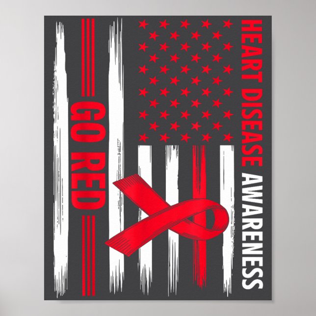 Poster Go Red Heart Disease American Flag Heart Disease A (Frente)