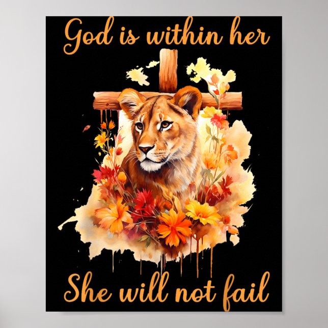 Poster God Is Within Her She Will Not Fail Lioness Cross  (Frente)