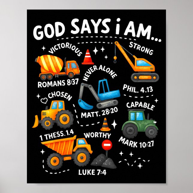 Poster God Says I Am Christian Bible Verses Boys Construc (Frente)