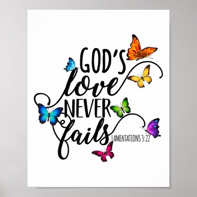 Poster God's Love Never Fails - Butterfly Art - Religious (Frente)