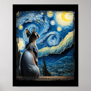 Poster Gogh Starry Night Style Artístico Sphynx Cat