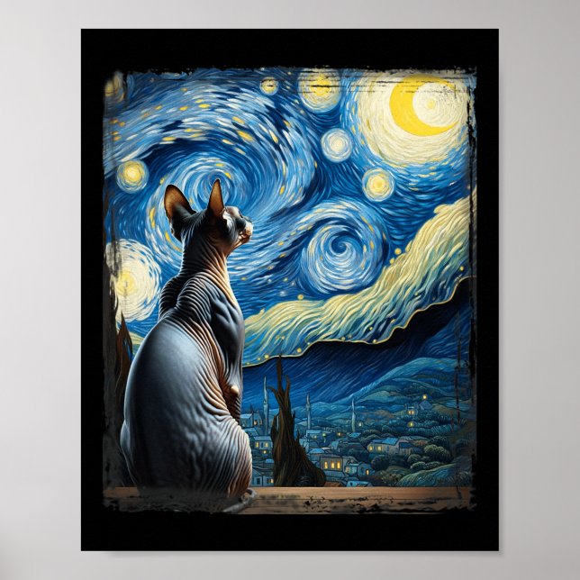 Poster Gogh Starry Night Style Artístico Sphynx Cat (Frente)
