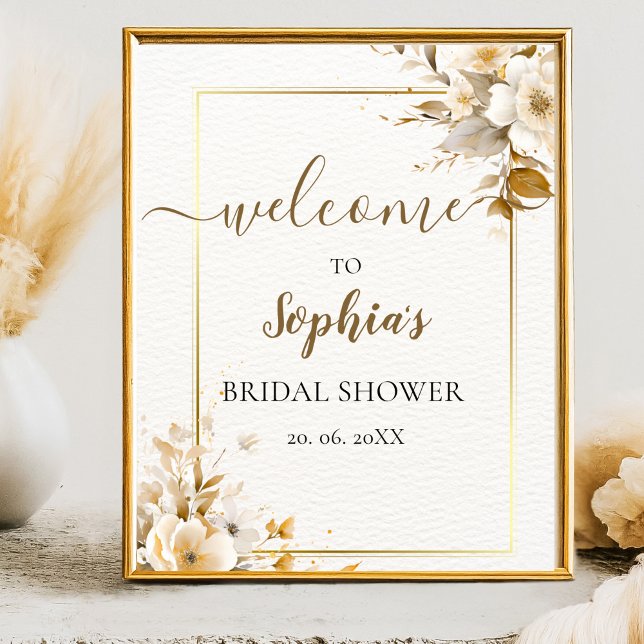Poster Gold and Beige Watercolor Flowers Bridal Shower (Criador carregado)