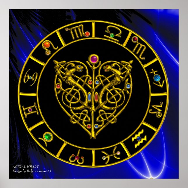Pôster GOLD ASTRAL HEART ZODIAC SIGNS Black Blue (Frente)