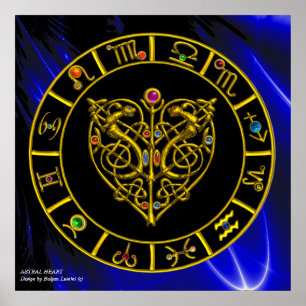 Pôster GOLD ASTRAL HEART ZODIAC SIGNS Black Blue