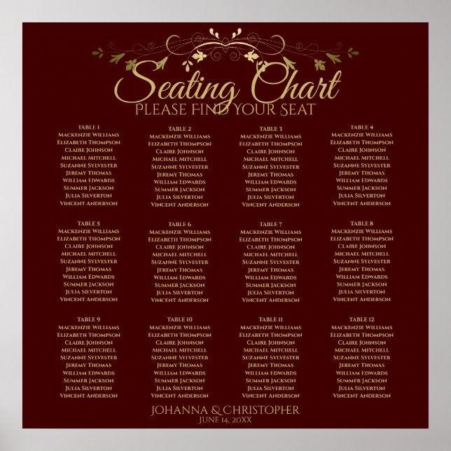 Poster Gold & Auburn Brown 12 Table Wedding Seating Chart (Frente)