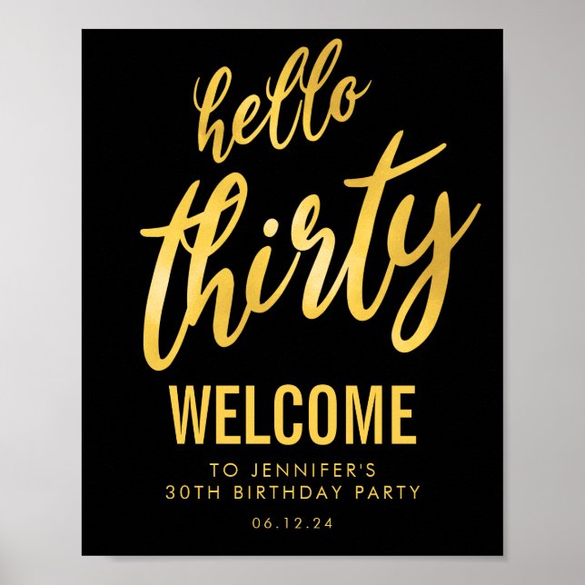 Poster Gold Black "Hello Thirty" Birthday Welcome Sign (Frente)