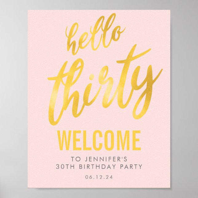Poster Gold Blush "Hello Thirty" Birthday Welcome Sign (Frente)