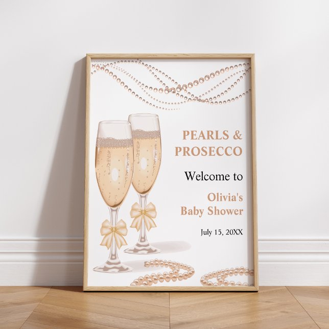 Poster Gold Bow Pearls and Prosecco Bridal Shower Welcome (Gold Bow Pearls and Prosecco Bridal Shower Welcome Sign )