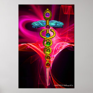 Poster GOLD CADUCEUS,7 CHAKRAS PINK FUCHSIA Yoga Medical