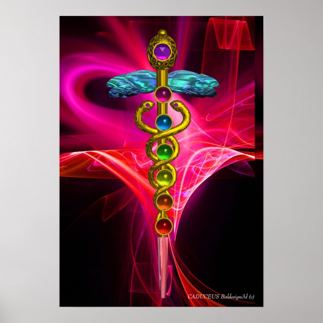 Poster GOLD CADUCEUS,7 CHAKRAS PINK FUCHSIA Yoga Medical (Frente)