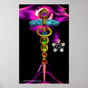 PÔSTER GOLD CADUCEUS AND 7 CHAKRAS IN PINK FRACTAL ROSE