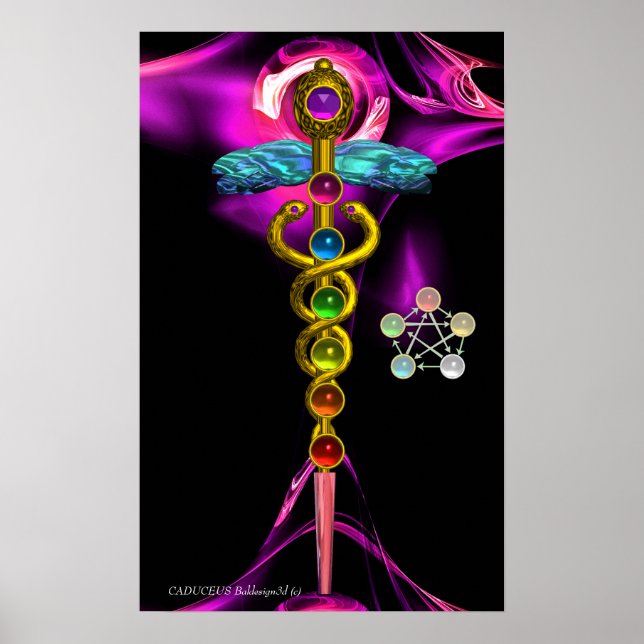 PÔSTER GOLD CADUCEUS AND 7 CHAKRAS IN PINK FRACTAL ROSE (Frente)