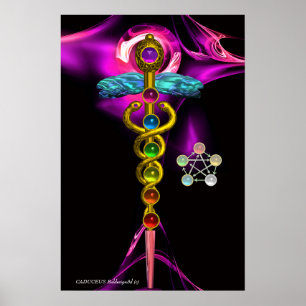 PÔSTER GOLD CADUCEUS AND 7 CHAKRAS IN PINK FRACTAL ROSE