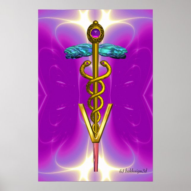 Poster GOLD CADUCEUS VETERINARY SYMBOL Pink Fuchsia (Frente)