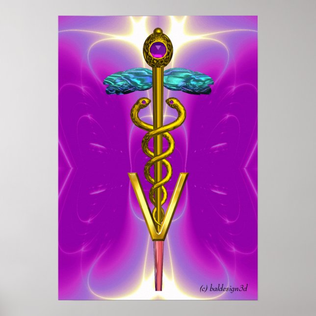 Poster GOLD CADUCEUS VETERINARY SYMBOL Pink Fuchsia (Frente)