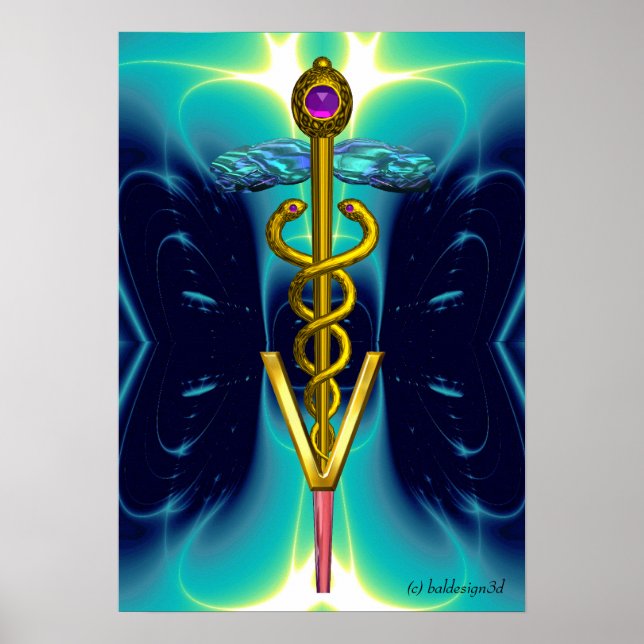 Pôster GOLD CADUCEUS VETERINARY SYMBOL Teal Aqua Blue (Frente)