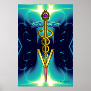 Pôster GOLD CADUCEUS VETERINARY SYMBOL Teal Aqua Blue