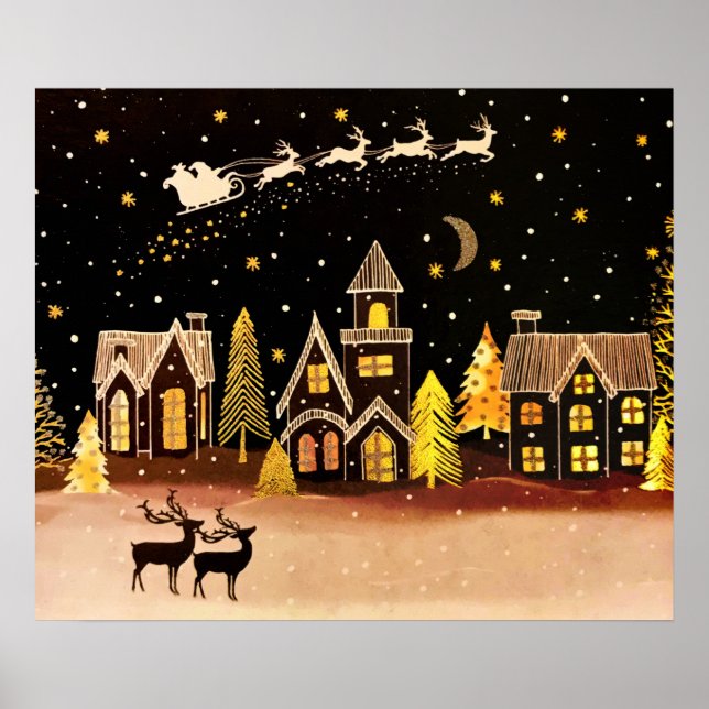 Poster Gold Christmas Village Deer Winter Night (Frente)