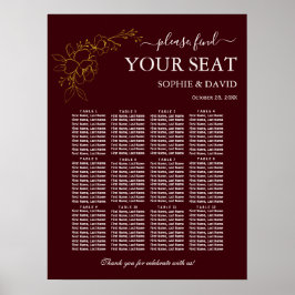 Poster Gold Deep Burgundy 12 Table Seating Chart Wedding