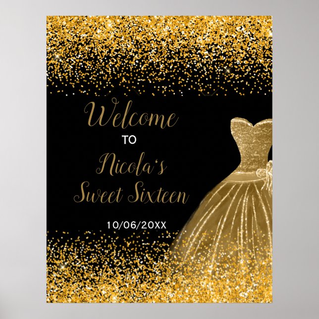 Poster Gold Dress Faux Glitter Sweet 16 Welcome (Frente)