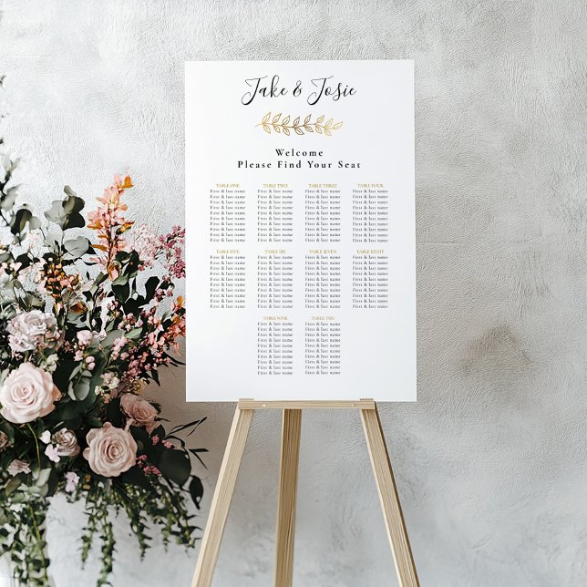 Poster Gold effect leaf Elegant Wedding Seating Chart (Criador carregado)
