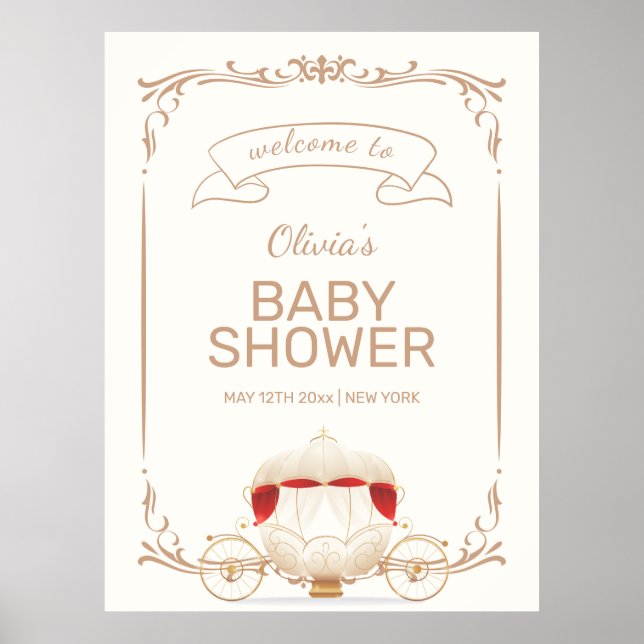 Poster Gold Elegant Fairy Carriage Baby Shower Welcome  (Frente)
